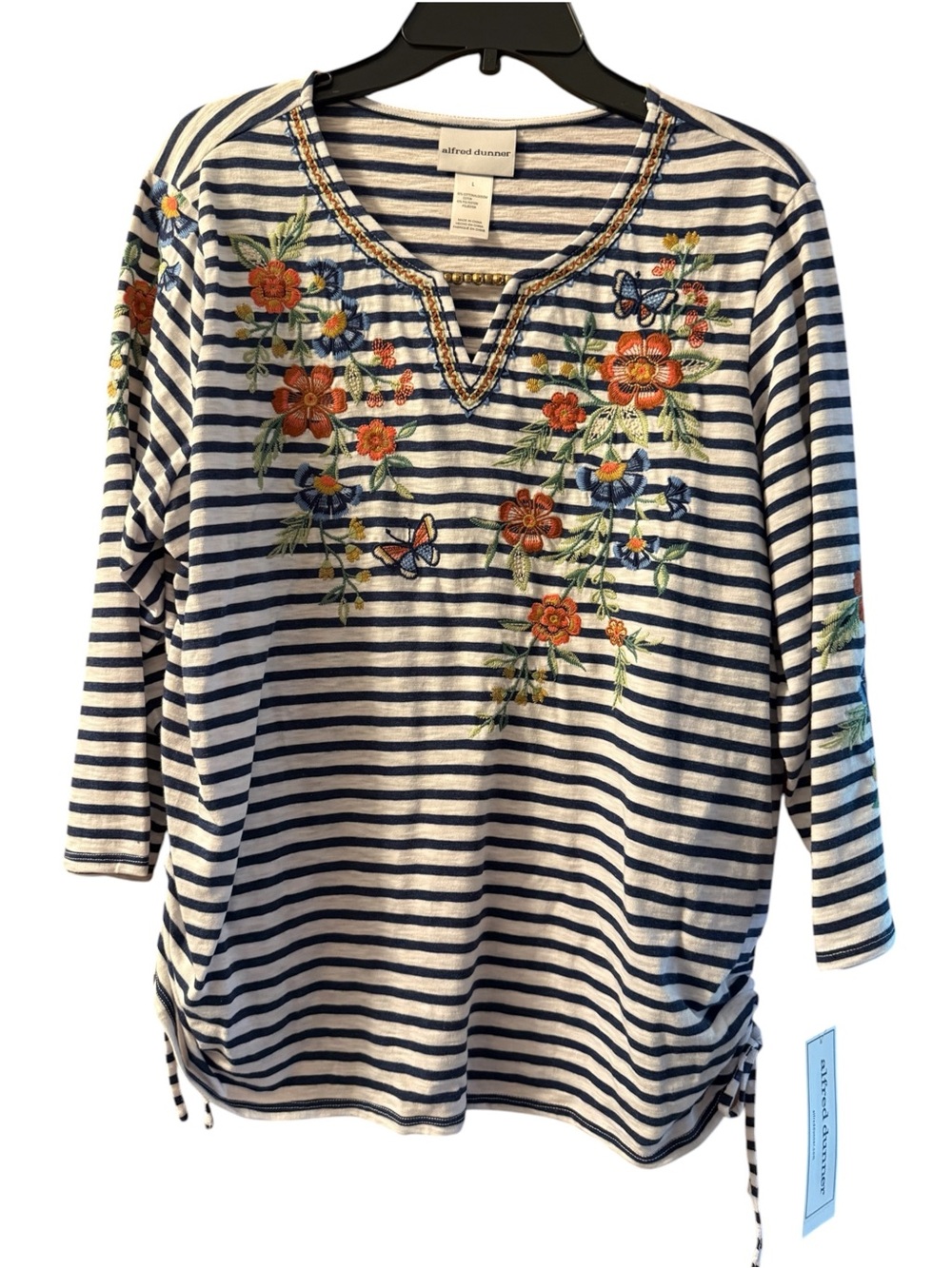 Alfred Dunner NWT El Paso Floral Yoke Navy & White Striped Top, size L